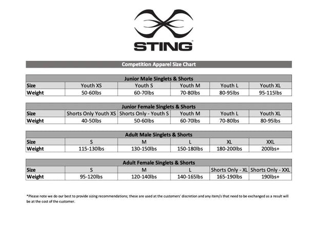Sting USA Boxing Competition apparel size chart